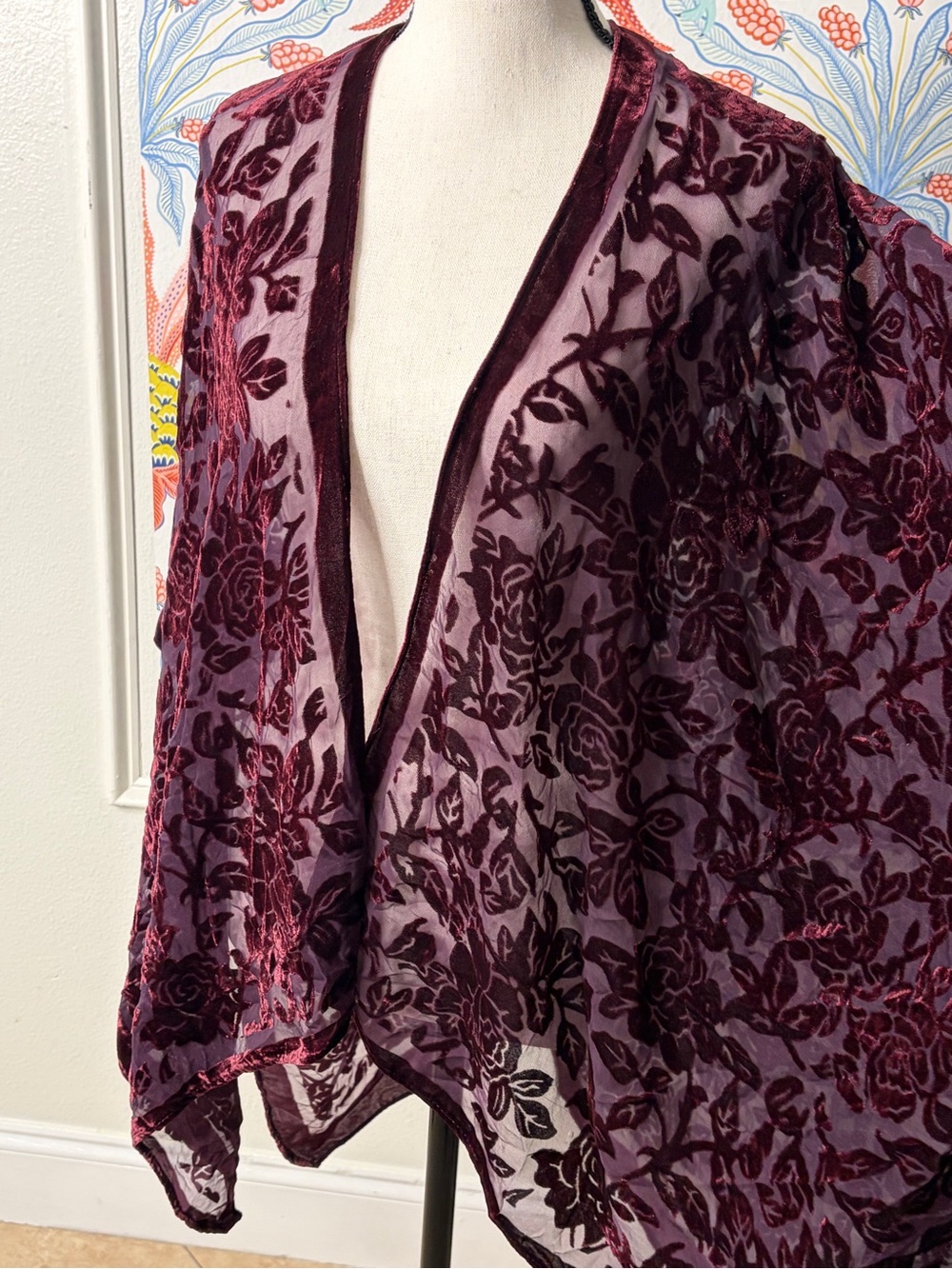 Woven Hearts Velvet Floral Kimono Wrap - Burgundy - One Size